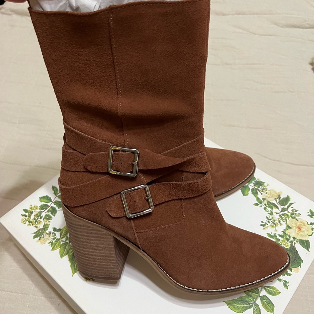 Chelsea and Violet Brown Suede Women's Boots with Buckle Detail